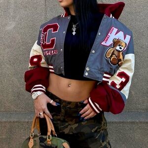 (SOLD) Women's Gray and Red Bomber Teddy Varsity Jacket